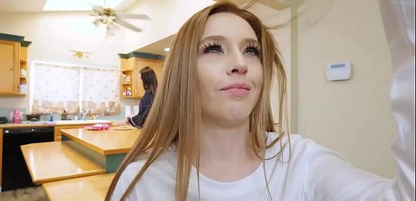  Slutty teen Madi Collins secretly gives her stepdad a blowjob under the table, not minding her mom cooking in the kitchen and might get caught.